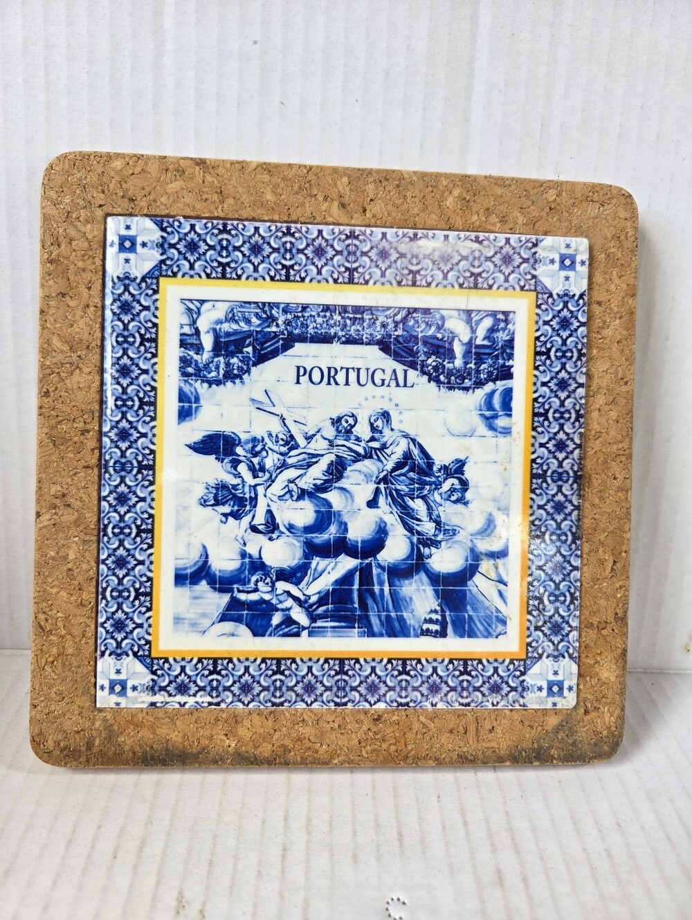 Vintage Traditional Portuguese Ceramic Tile Trivet in Natural Cork Frame